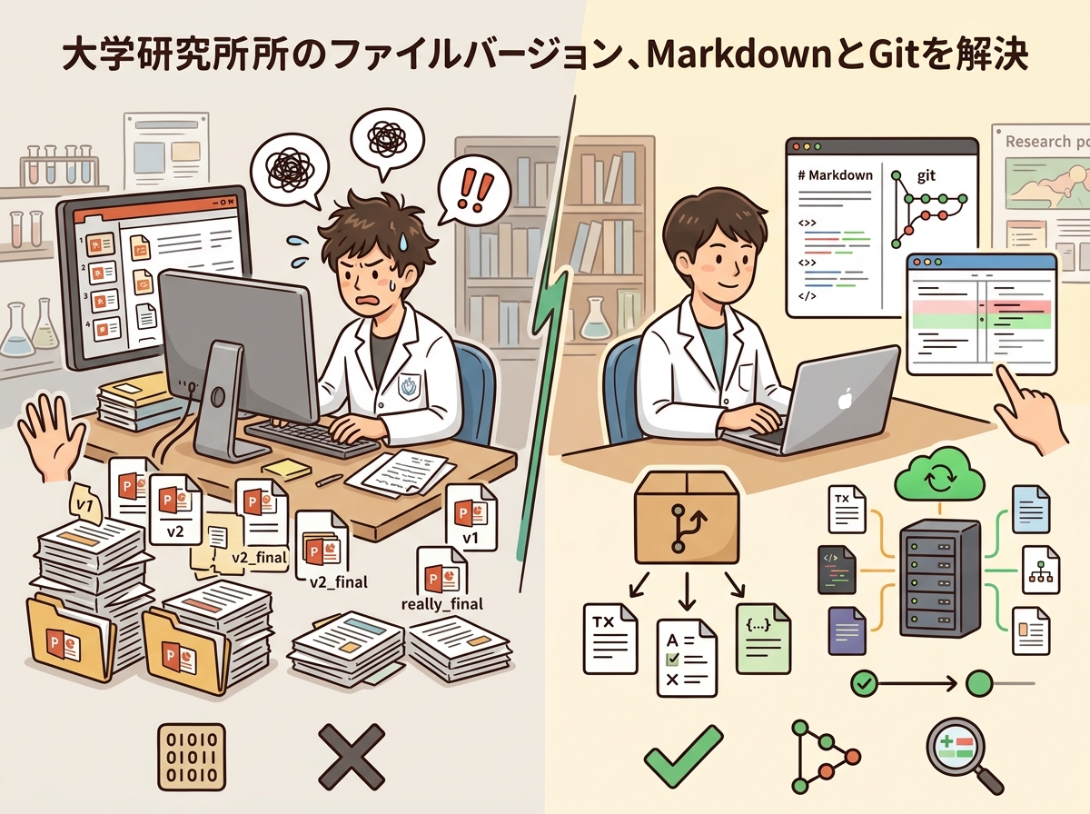 [図解] パワポ（バイナリ・差分不可）とMarkdown（テキスト・git diff可能）のバージョン管理フローを左右で対比する図。左側は「v1.pptx → v2_修正.pptx → v2_最終.pptx」、右側は「git commit → git diff → 差分表示」