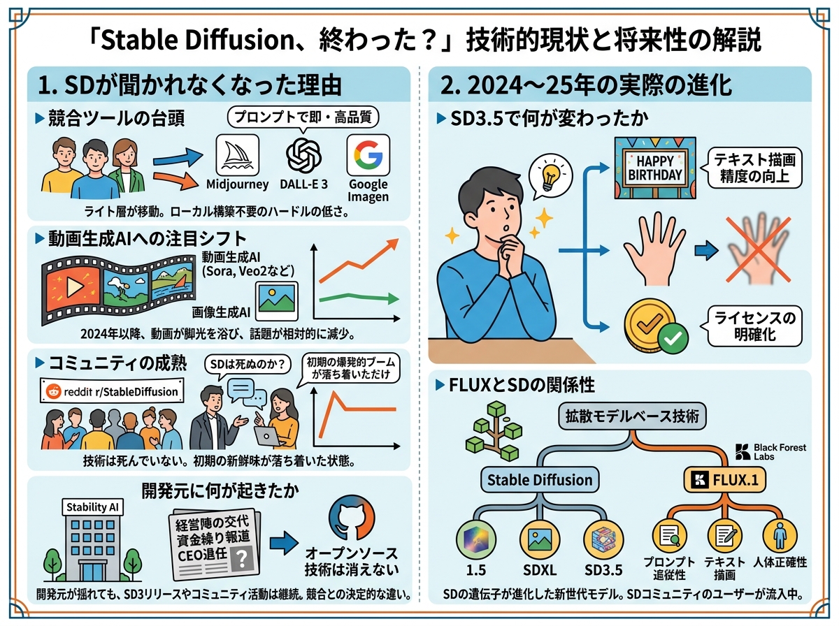 [比較図] SD1.5 → SDXL → SD3.5 → FLUX.1の系譜を時系列で示す図。各ノードに主な改善点をラベル付け
