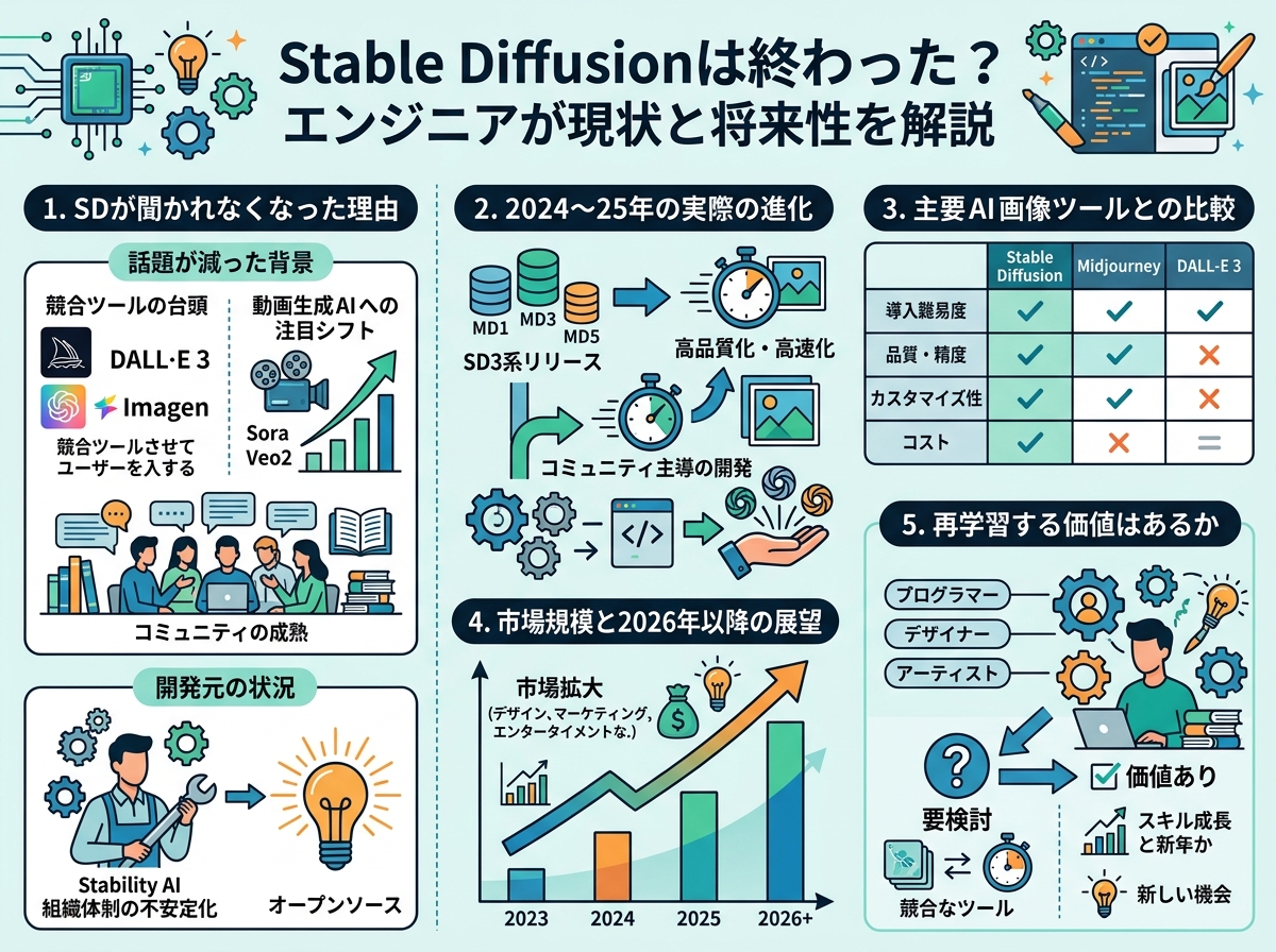[図解] SDの話題減少に至る3要因（競合台頭・動画AIシフト・開発元の経営不安）を並列に示し、中央に「SD話題減少」と配置するフロー図