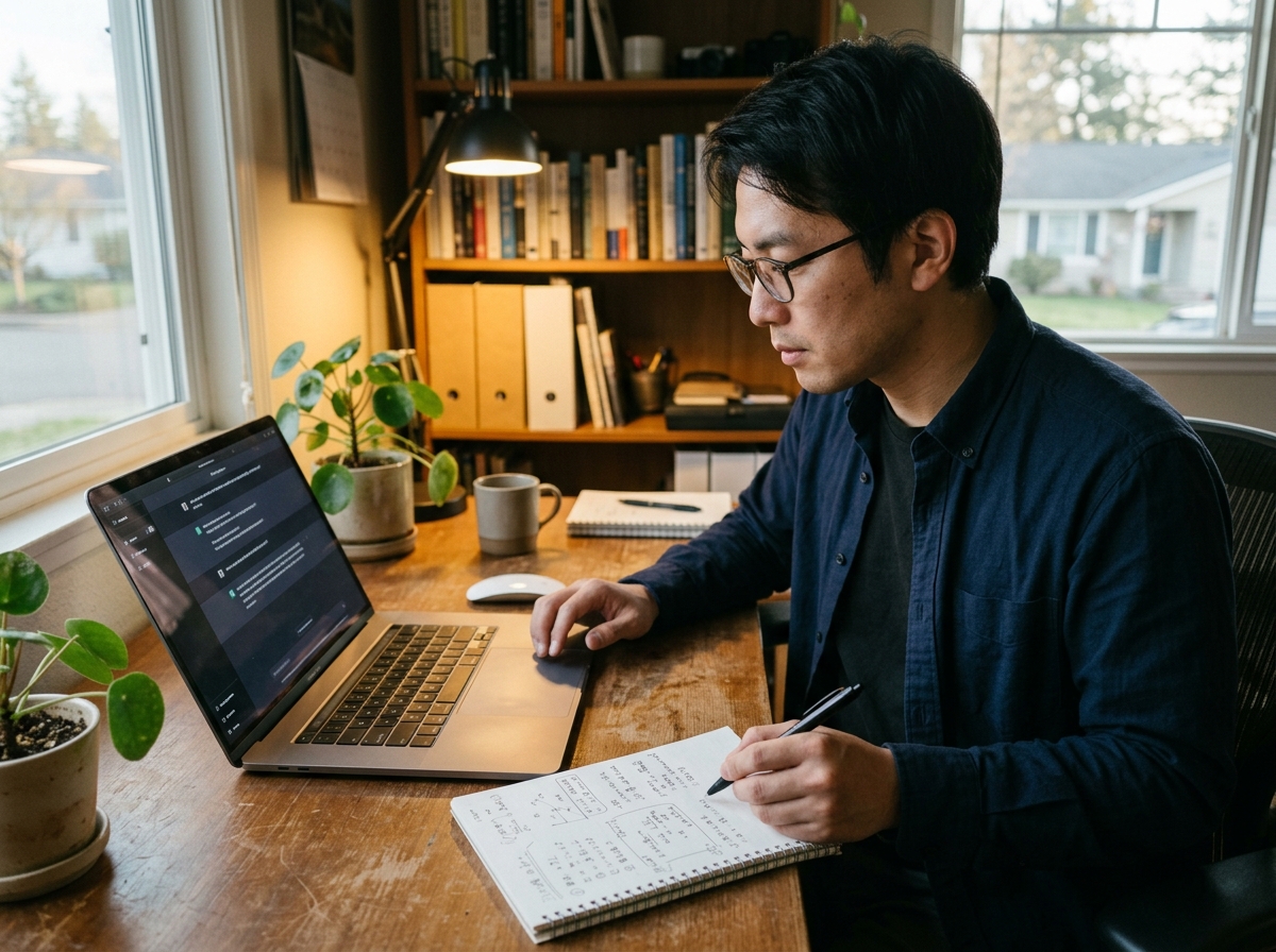 [シーン] 自宅のデスクでノートPCに向かい、AIチャット画面を見ながら手元のノートにもメモを取っている社会人の姿