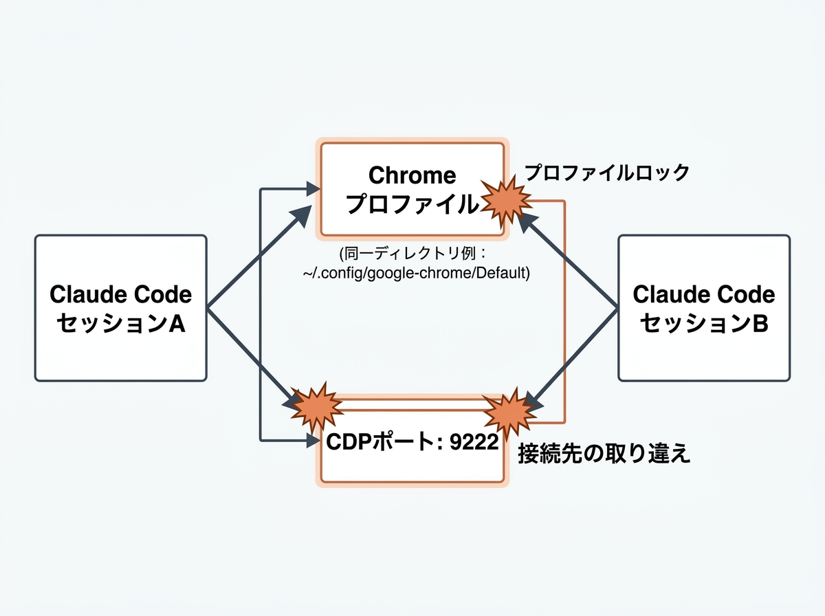 [図解] 2つのClaude Codeセッションが同一Chromeプロファイル・同一ポートに接続して競合している様子を示す図。左右にセッションA・Bのボックス、中央に共有Chromeプロファイルとポート9222のボックス、矢印が衝突している表現