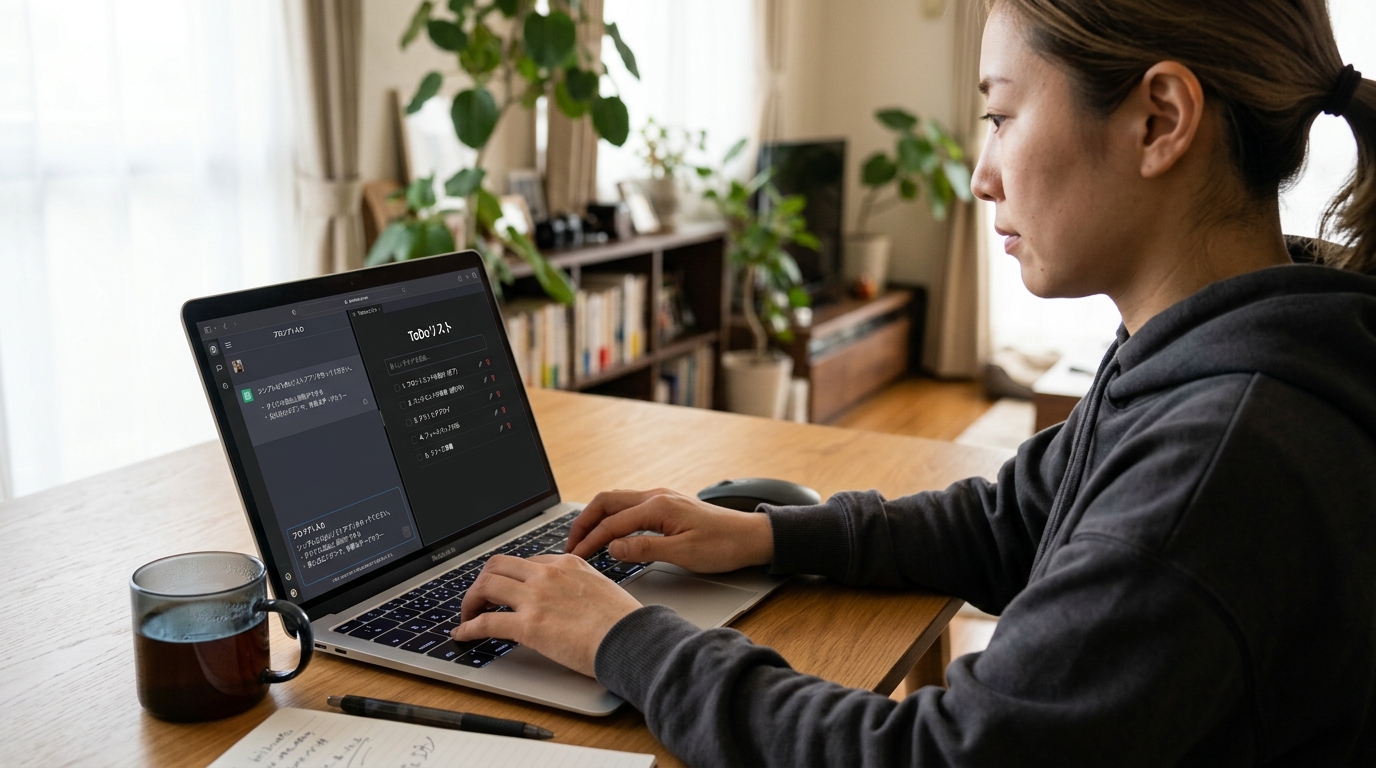 [シーン] ノートPCの前でチャット欄に日本語の指示を入力し、隣のプレビュー画面にToDoアプリが表示されている場面