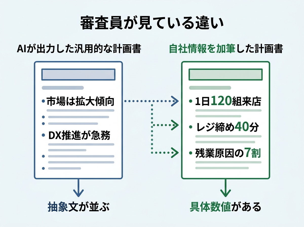 [比較図] 左：AIが出力した汎用的な計画書（「市場は拡大傾向」「DX推進が急務」と抽象文が並ぶ）、右：自社情報を加筆した計画書（「1日120組来店」「レジ締め40分」「残業原因の7割」と具体数値がある）。上部に「審査員が見ている違い」の見出し