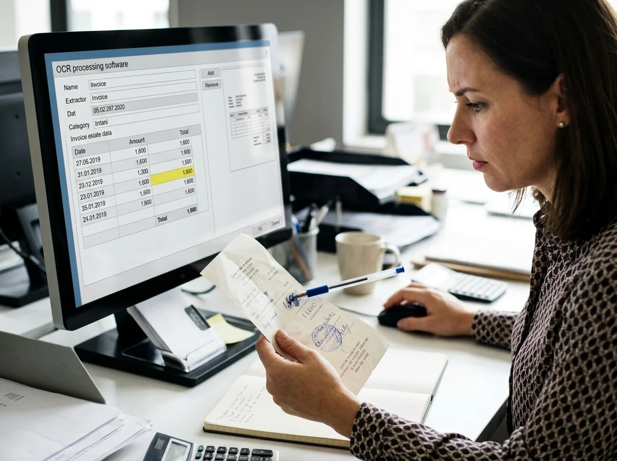 [シーン] パソコン画面上で読み取り結果の数字の一部が黄色くハイライトされ、経理担当者がその箇所だけ元の領収書と見比べて確認している様子