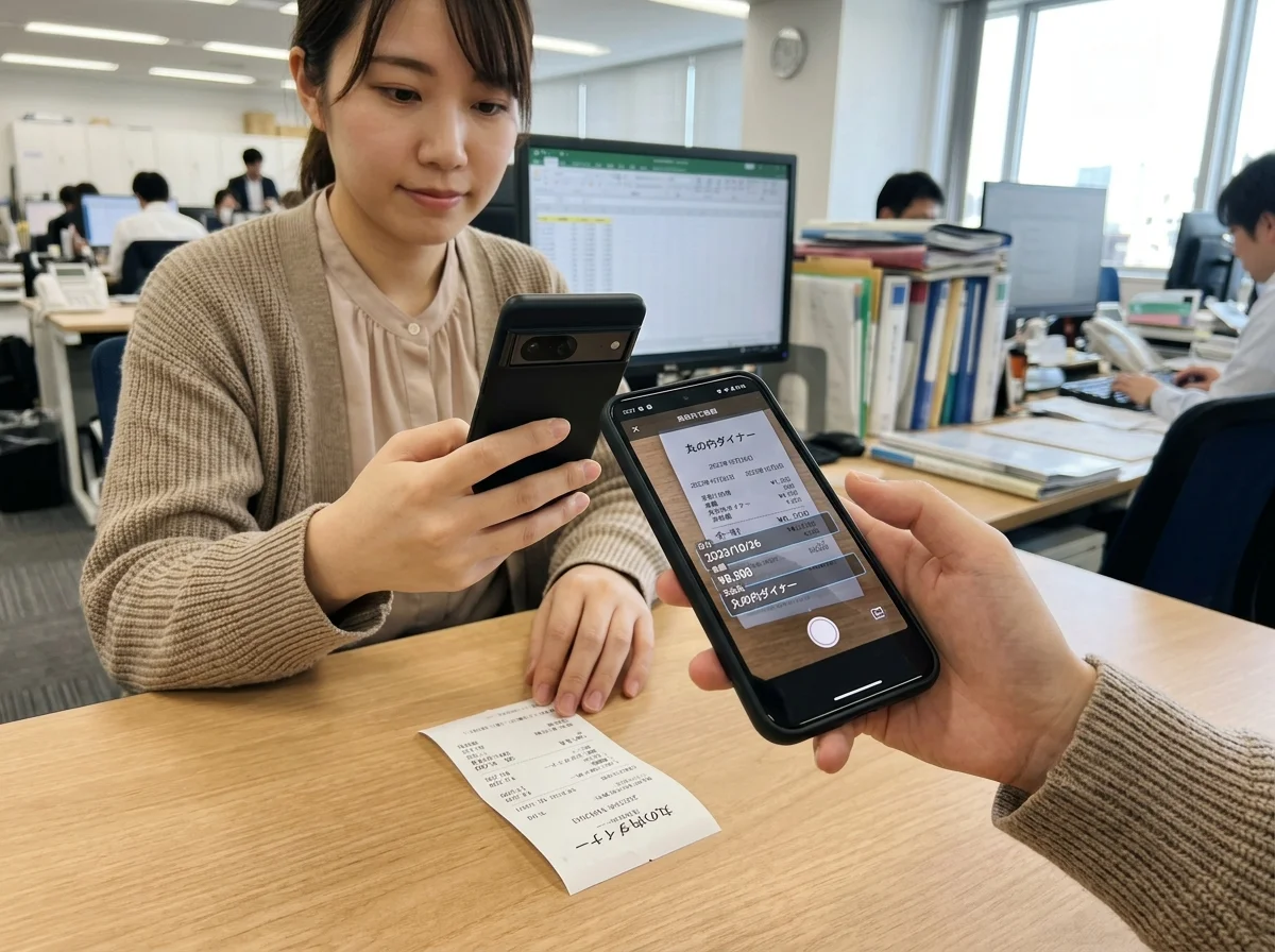 [シーン] 経理担当者がスマホで領収書を撮影し、画面上に日付・金額・店名が自動で入力されていく様子