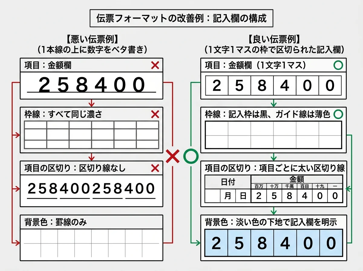 [比較図] 左側に「悪い伝票例（1本線の上に数字をベタ書き）」、右側に「良い伝票例（1文字1マスの枠で区切られた記入欄）」を並べた比較図