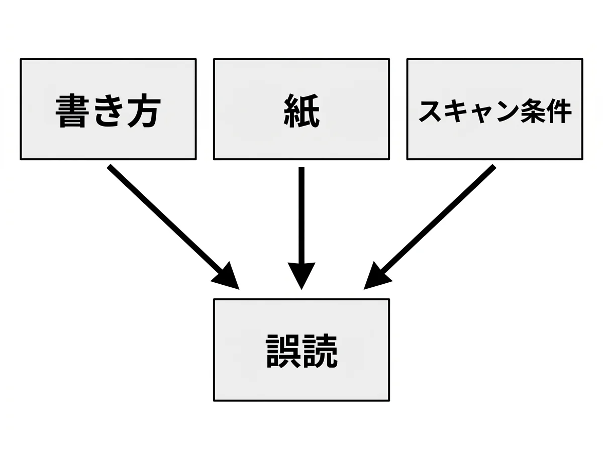 [図解] 「書き方」「紙」「スキャン条件」の3つの原因を3つの箱で並べ、それぞれから「誤読」に矢印が伸びている構造図