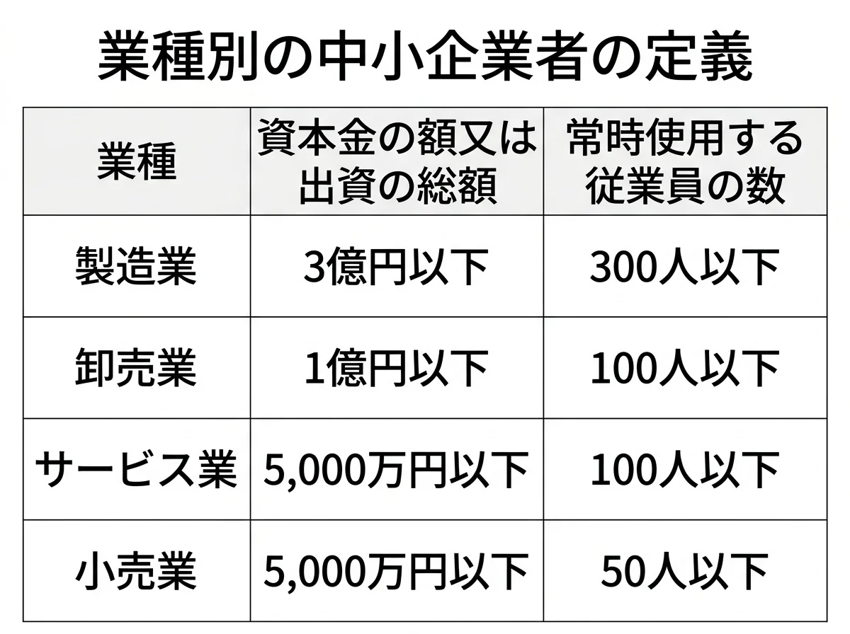 [表] 業種別の中小企業者の定義（製造業：資本金3億円以下／従業員300人以下、小売業：5,000万円以下／50人以下、サービス業：5,000万円以下／100人以下、卸売業：1億円以下／100人以下）を示す一覧表