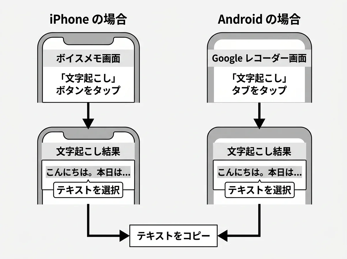 [図解] スマホ画面2つ並べた比較。左：iPhoneのボイスメモ→文字起こしボタンをタップ。右：Androidのレコーダー→文字起こしタブをタップ。矢印で「テキストをコピー」へ