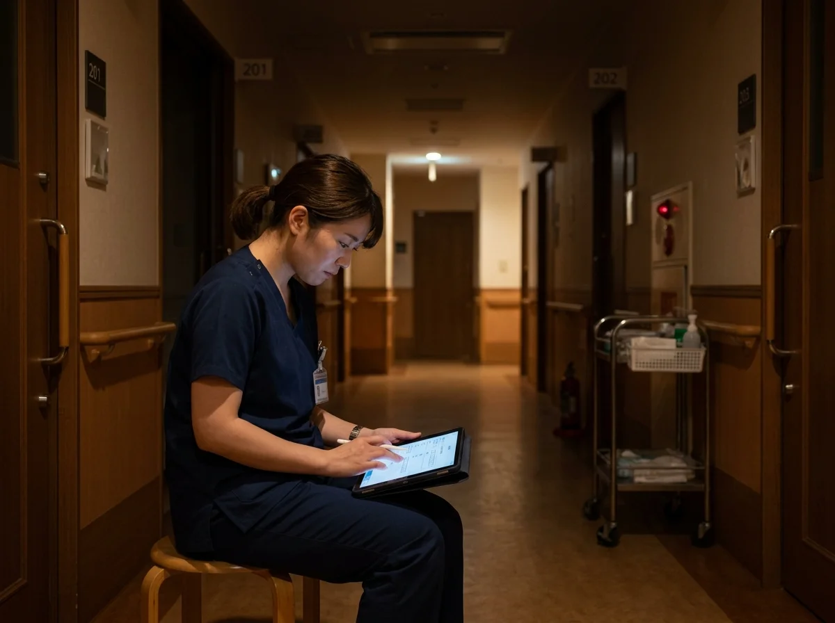 [シーン] 夜間の介護施設の廊下で、介護スタッフがiPadを手に持ち、小声で記録を入力している場面。照明は控えめ