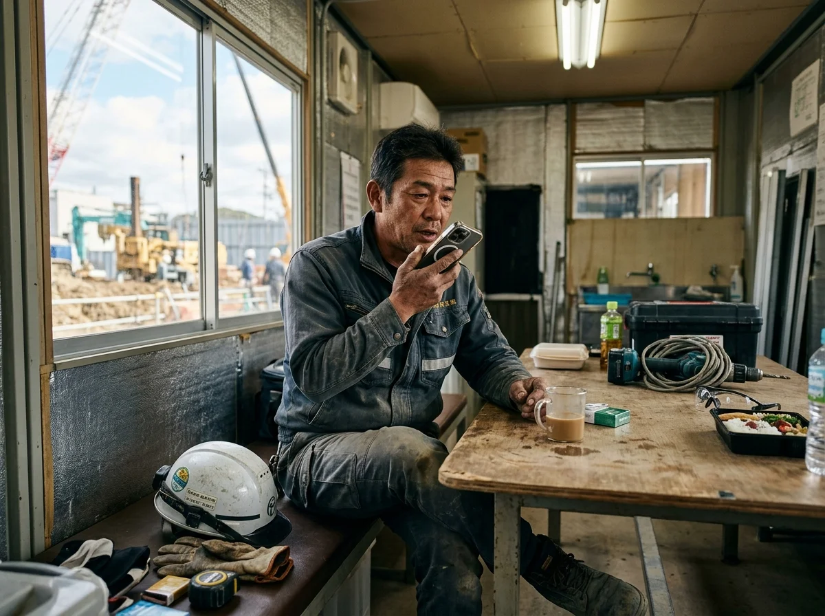 [シーン] 建設現場の休憩所で、作業服の職人がスマートフォンを口元に近づけて話しかけている場面。周囲にヘルメットや工具が見える