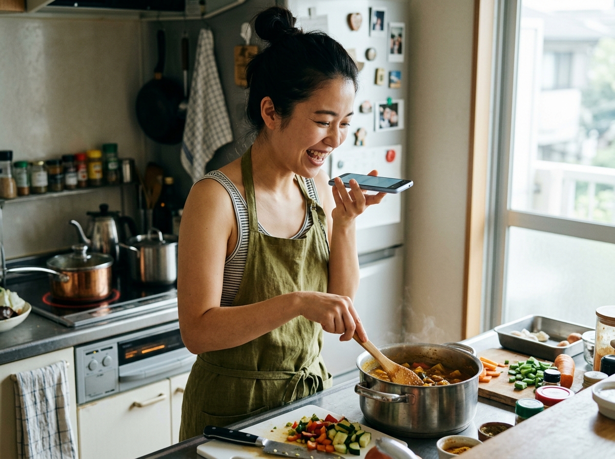 [シーン] キッチンで料理をしながらスマートフォンに話しかけている人の場面