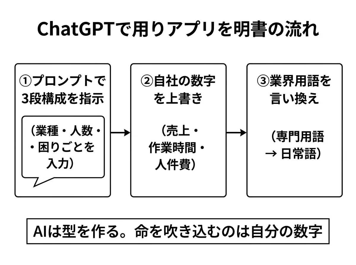 [図解] ChatGPTで申請書類を作る流れ。左から右へ3ステップのフロー。①「プロンプトで3段構成を指示」（吹き出しに業種・人数・困りごとを入力）→②「自社の数字を上書き」（売上・作業時間・人件費）→③「業界用語を言い換え」（専門用語→日常語）。下部に「AIは型を作る。命を吹き込むのは自分の数字」と注記