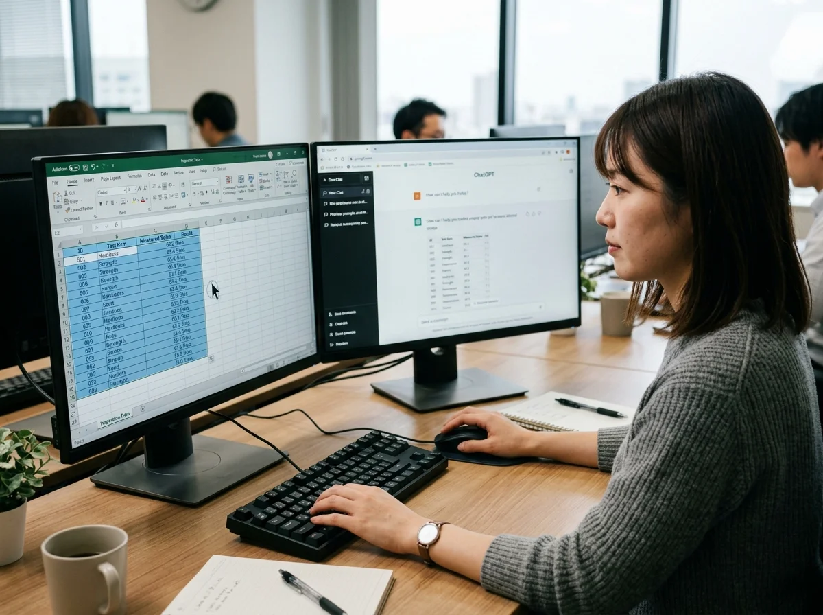 [シーン] 作業者がパソコンでExcelの検査データ表をマウスで範囲選択し、隣のブラウザタブのChatGPTチャット画面に貼り付けようとしている場面