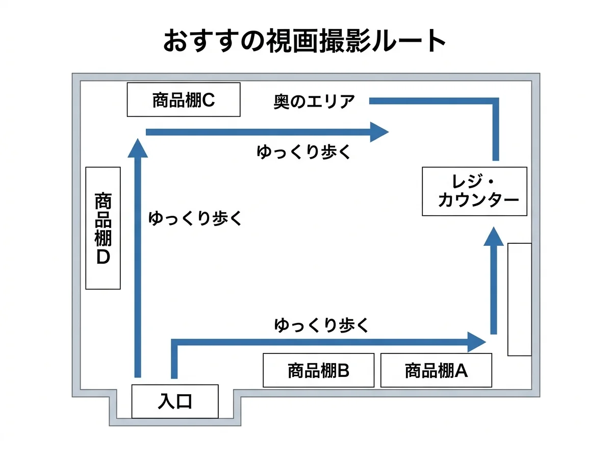 [図解] 店舗内を矢印で示した撮影ルート例。入口→右壁沿い→奥→左壁沿い→入口に戻るルートを上面図で表示。矢印に「ゆっくり歩く」のラベル