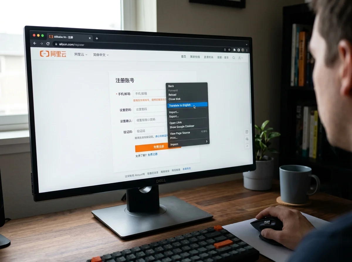 [シーン] パソコンのブラウザでAlibaba Cloudの登録画面を開き、右クリックメニューから「日本語に翻訳」を選んでいる場面