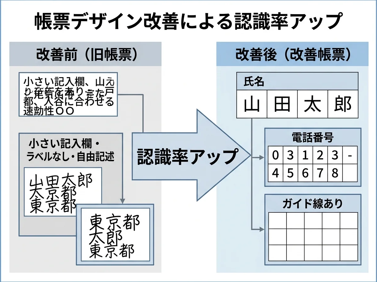 [図解] 帳票デザイン改善のビフォー・アフター。左側：小さい記入欄・ラベルなし・自由記述の旧帳票。右側：1マス1文字の大きな欄・項目ラベル付き・ガイド線ありの改善帳票。矢印で「認識率アップ」を示す