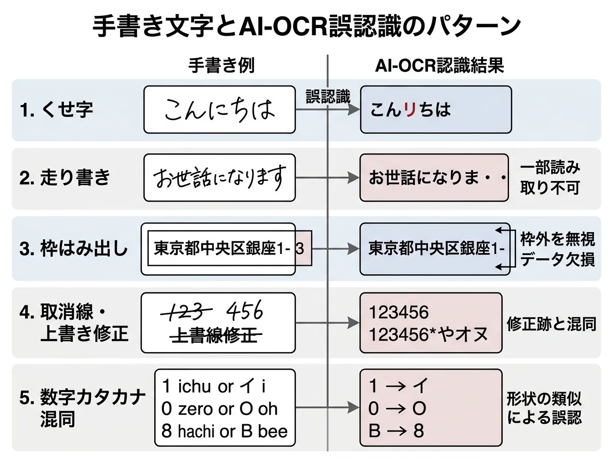 [比較図] 5つの手書きパターン（くせ字・走り書き・枠はみ出し・取消線・数字カタカナ混同）を左列に手書き例、右列にAI-OCRの誤認識結果を対比させた図