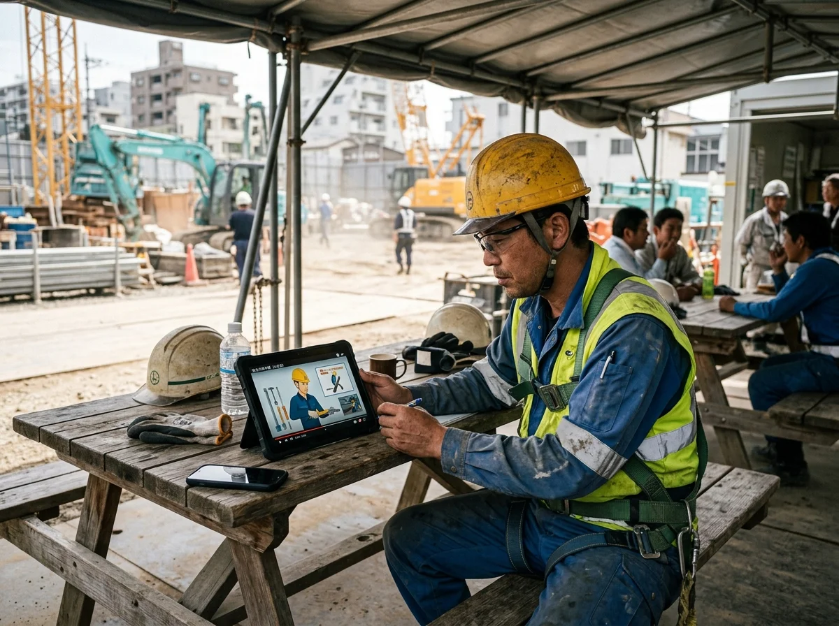 [シーン] 建設現場の休憩所で、作業員がタブレットでAIが自動生成した手順動画を視聴している場面