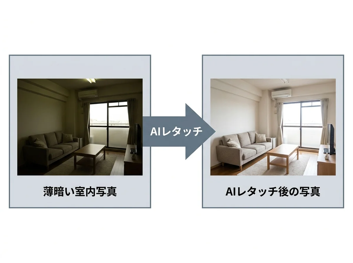 [比較図] 左：スマホで撮った薄暗い室内写真（蛍光灯の黄色っぽい光、窓が白飛び）、右：AIレタッチ後の同じ写真（自然な明るさ、色味が整った状態）。矢印で「AIレタッチ」のラベル付き