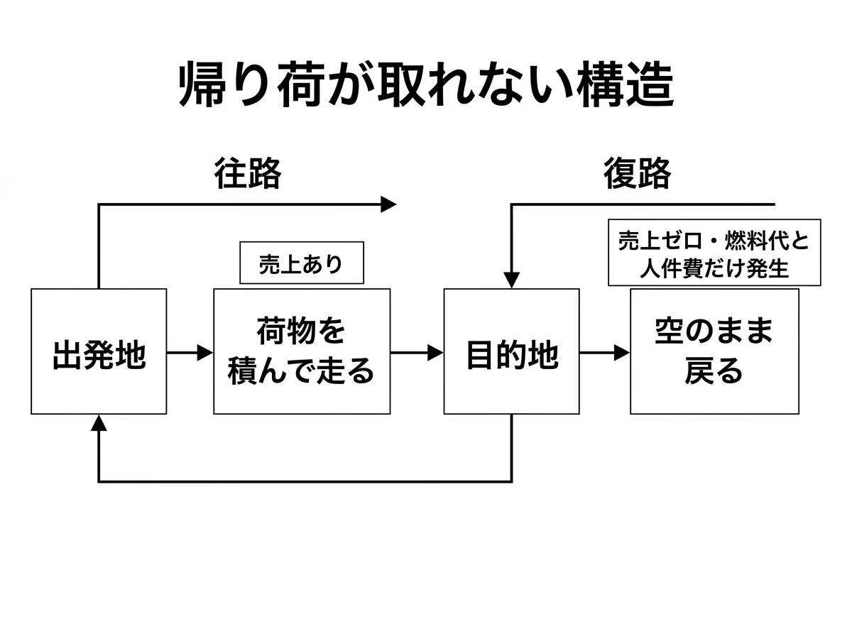[図解] 荷物を積んで目的地へ走る往路（「売上あり」ラベル付き）と、空のまま戻る復路（「売上ゼロ・燃料代と人件費だけ発生」ラベル付き）を左右に並べたフロー図