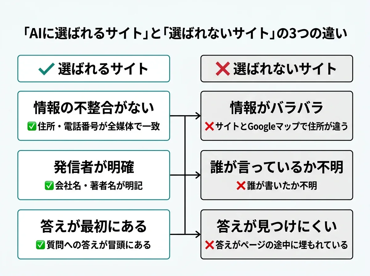 [比較図] 「AIに選ばれるサイト」と「選ばれないサイト」の3つの違いを左右で対比。左列「選ばれるサイト」（✅住所・電話番号が全媒体で一致、✅会社名・著者名が明記、✅質問への答えが冒頭にある）、右列「選ばれないサイト」（❌サイトとGoogleマップで住所が違う、❌誰が書いたか不明、❌答えがページの途中に埋もれている）