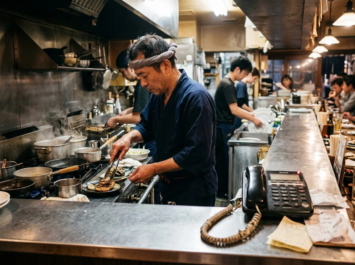 [シーン] 飲食店の厨房で料理人が調理に集中している横で、カウンターの電話が鳴っているが誰も取りに行かない場面