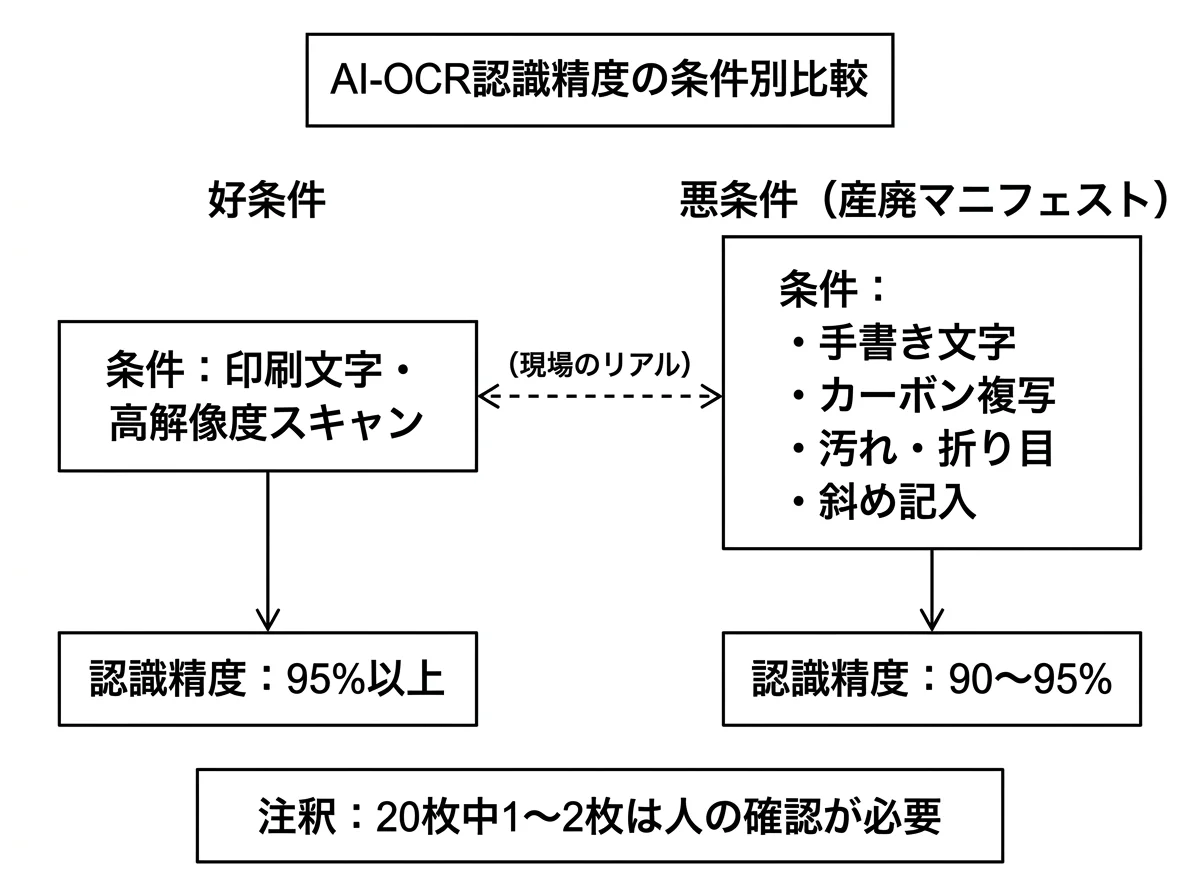 [比較図] AI-OCR認識精度の条件別比較。左「好条件（印刷文字・高解像度スキャン）：精度95%以上」、右「産廃マニフェスト（手書き・カーボン複写・汚れ・斜め記入）：精度90〜95%」。下に「20枚中1〜2枚は人の確認が必要」の注釈
