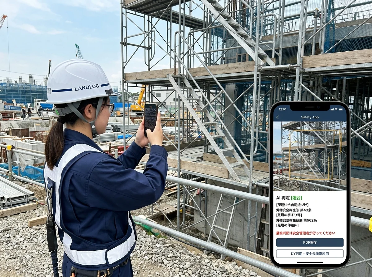 [シーン] 若い現場監督がスマートフォンで足場周辺を撮影している場面。画面にはAIの分析結果が表示されている