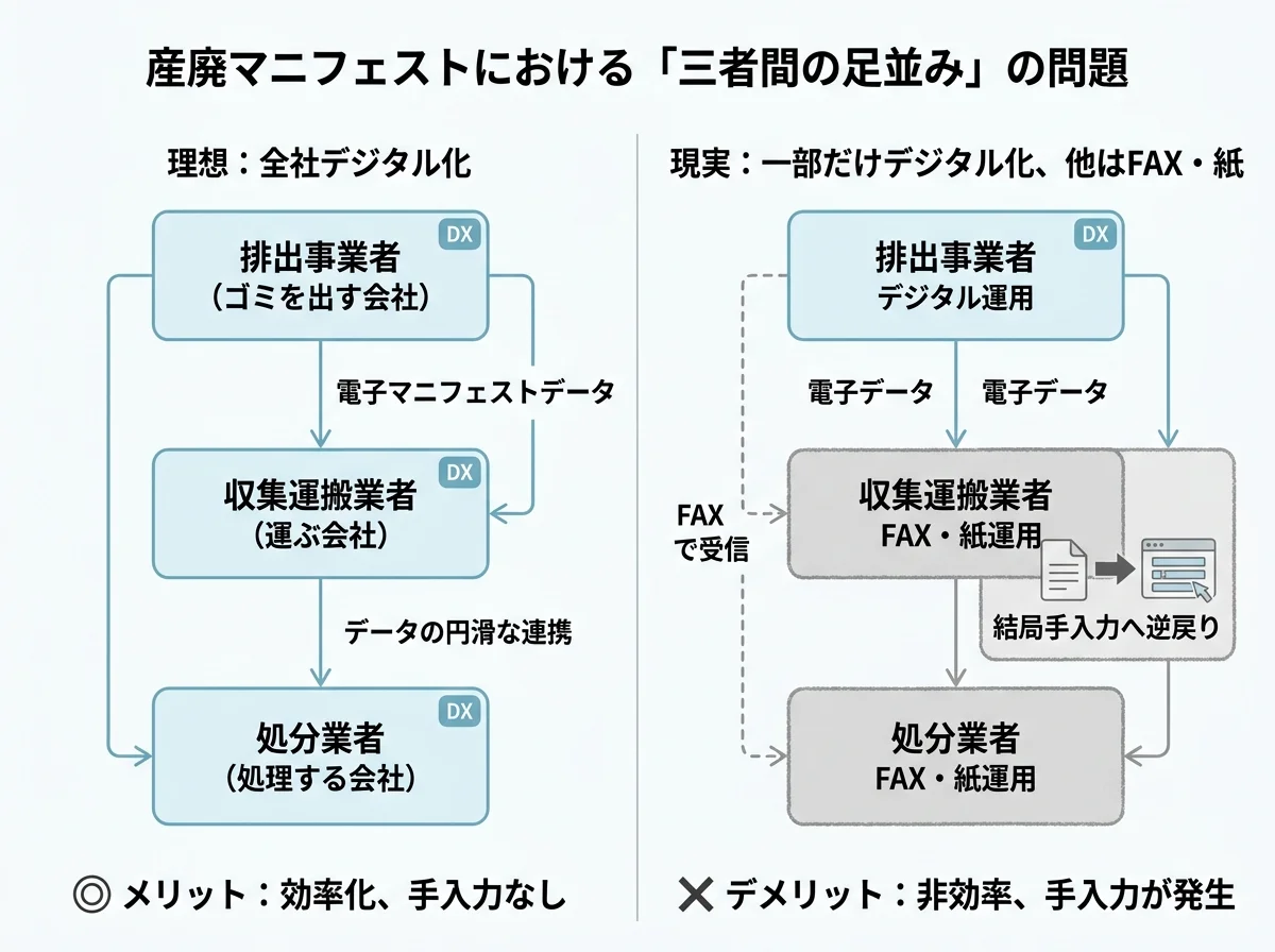 [図解] 排出元（ゴミを出す会社）・収集運搬業者（運ぶ会社）・処分業者（処理する会社）の三者関係。1社だけデジタル化しても残り2社がFAX・紙のままなら結局手入力に戻る構造を、左右の対比で示す図