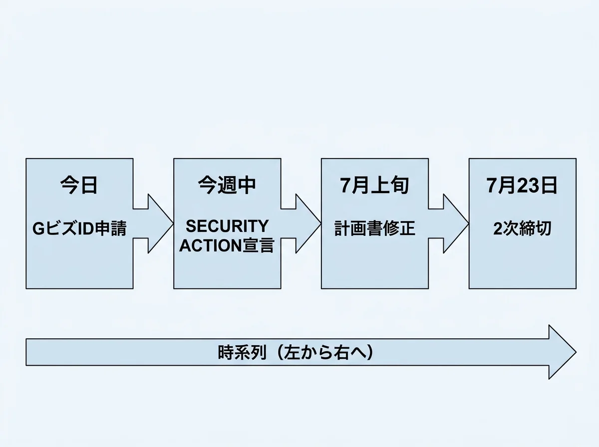 [図解] 「今日→GビズID申請」「今週中→SECURITY ACTION宣言」「7月上旬→計画書修正」「7月23日→2次締切」の4ステップを左から右への時系列矢印で並べたフロー図