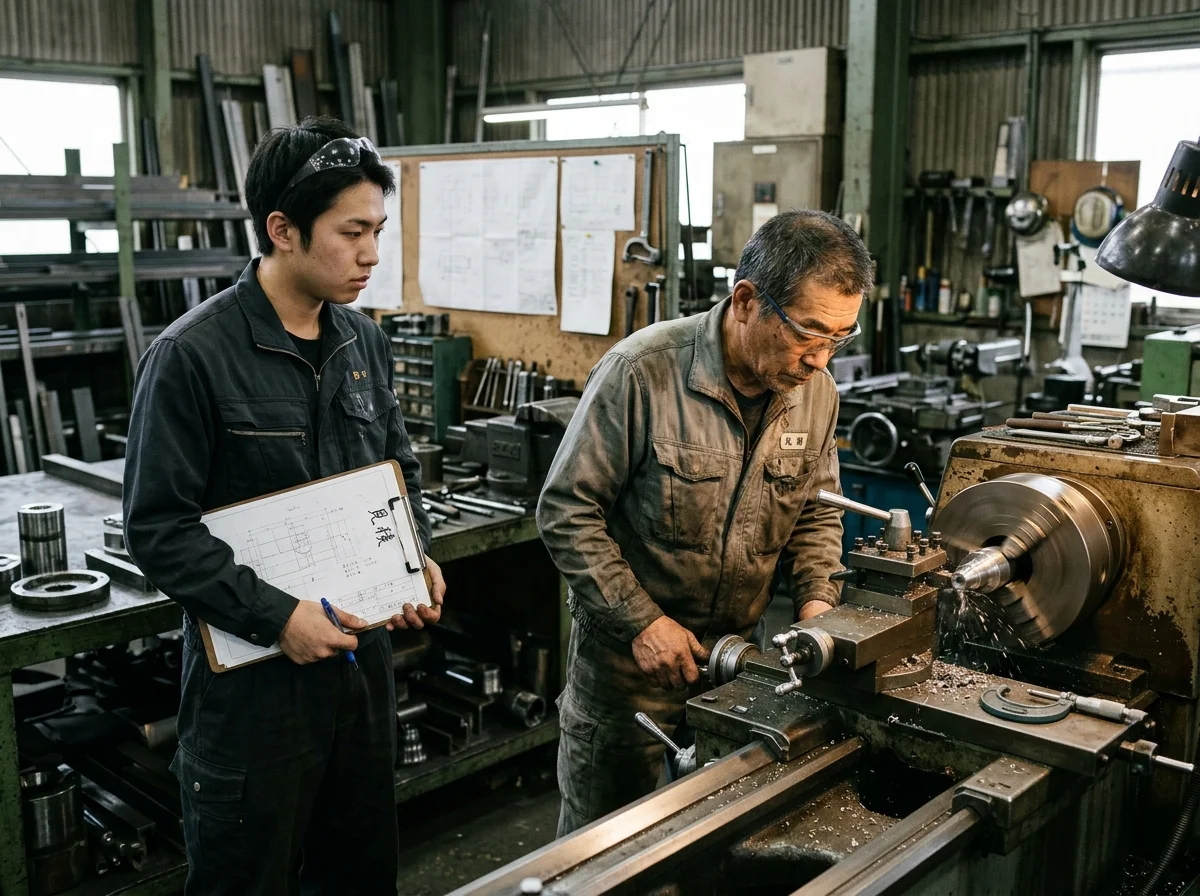 [シーン] 工場で若手作業員がベテラン職人に見積もりについて相談したいが、ベテランは旋盤で別の加工作業中で手が離せない場面