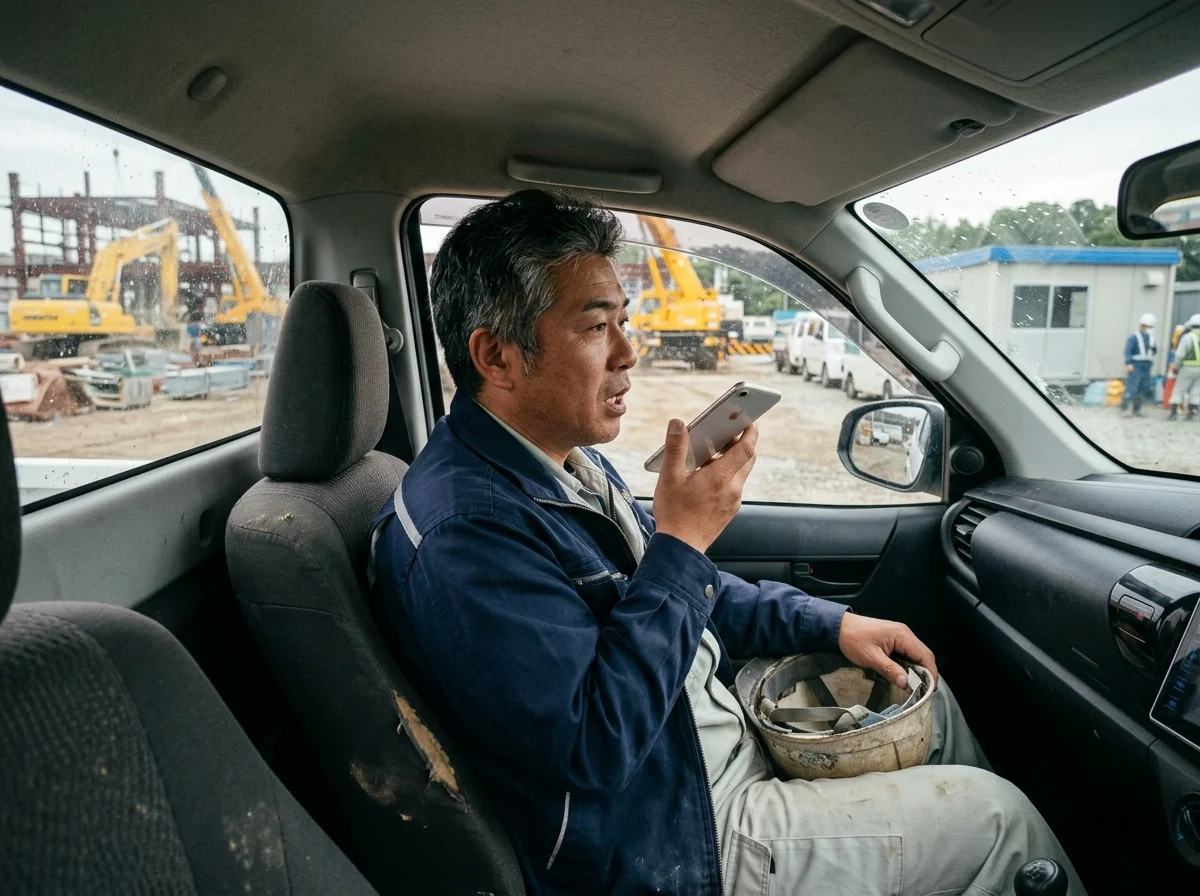 [シーン] 建設現場の駐車場に停めた車の中で、作業服姿の現場監督がスマホに向かって話している場面