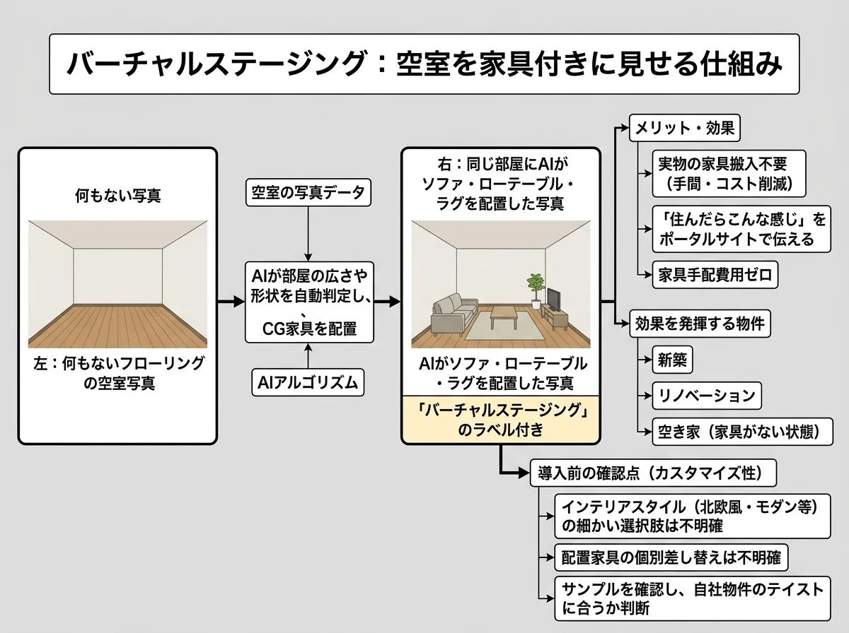 [比較図] 左：何もないフローリングの空室写真、右：同じ部屋にAIがソファ・ローテーブル・ラグを配置した写真。「バーチャルステージング」のラベル付き